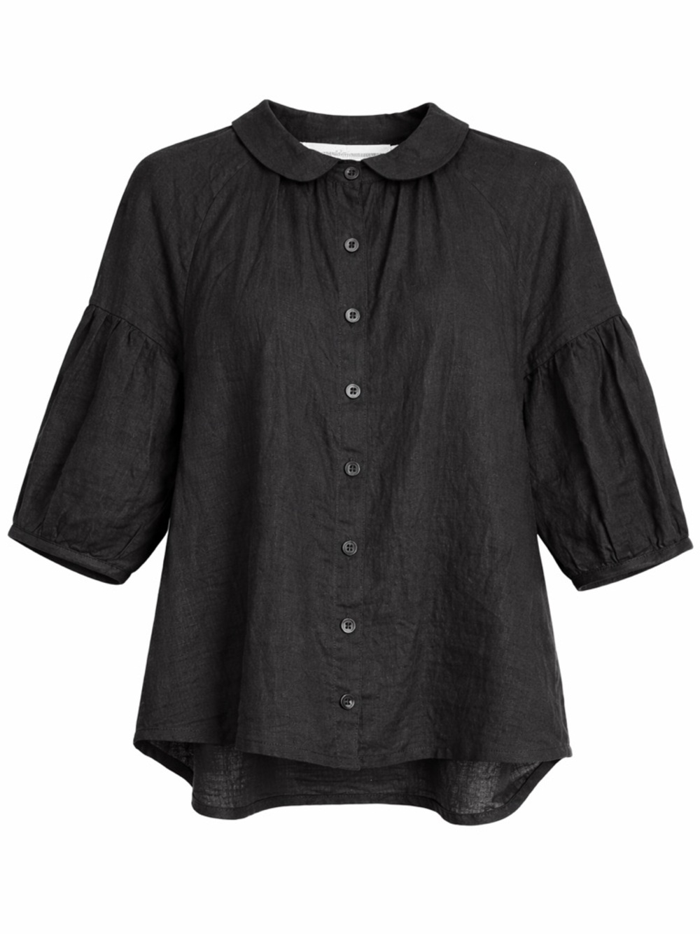 Black Linen Button Down Shirt 3/4 Bubble Sleeve Peter Pan Collar L Oversized